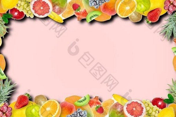 有创意的照片异国情调的热带明亮的水果框架阴影夏天软粉红色的颜色背景视图明亮的summ