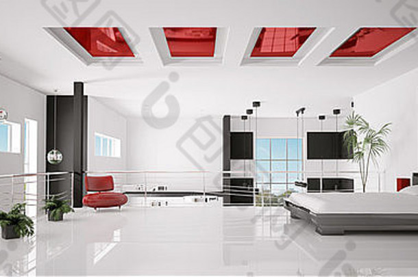 室内现代白色红色的黑色的卧室全景渲染