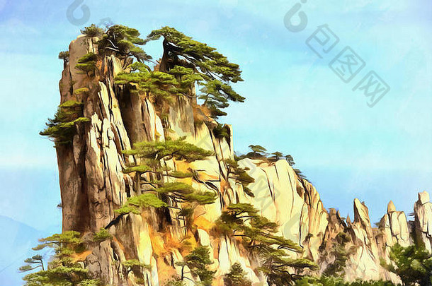 色彩斑斓的绘画孤独的悬崖山黄山中国