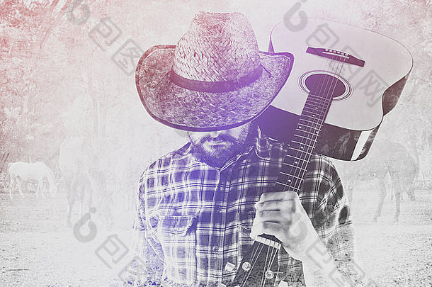 有胡子的牛仔农民声蓝调吉他稻草他西方美国马牧场双曝光图像