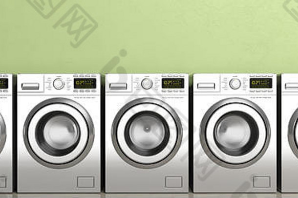 自助洗衣店衣服洗干燥机机器木地板上绿色墙背景横幅插图