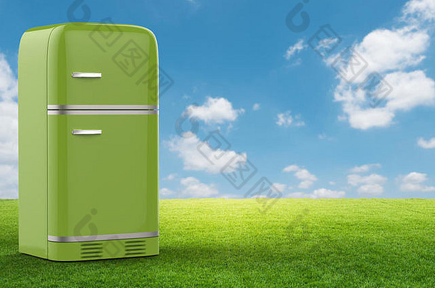 呈现绿色冰箱绿色场蓝色的天空