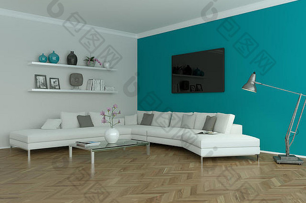 现代明亮的斯堪的纳维亚室内设计白色沙发蓝色的墙