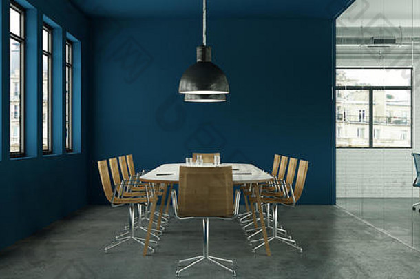 现代蓝色的<strong>会议</strong>房间室内设计呈现