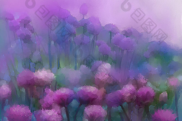 摘要石油绘画花梅多斯手画紫色的洋葱花场软颜色背景