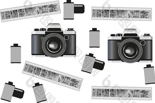 模拟相机电影卷黑色的白色负照片设备拼贴画复古的摄影单色剪纸艺术二十世纪侦探