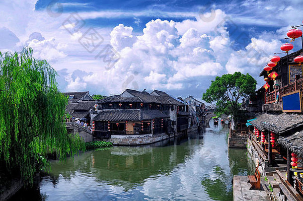 中国人风格建筑周围水运河西塘小镇嘉善县浙江省中国