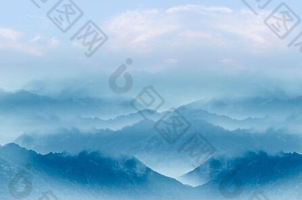 中国人墨水洗风格日落山风景背景