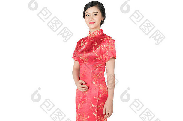 微笑中国人女人衣服传统的旗袍一年工作室拍摄孤立的白色背景剪裁路径