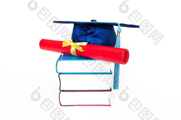 蓝色的毕业帽文凭情况下前书孤立的白色背景教育概念