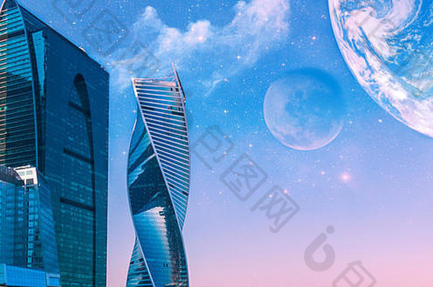 未来主义的摩天大楼背景布满星星的天空行星空间未来概念元素图像有家具的美国国家航空航天局