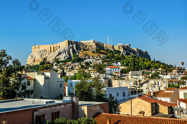古老的帕特农神庙卫城山雅典希腊屋顶城市建筑热夏天一天