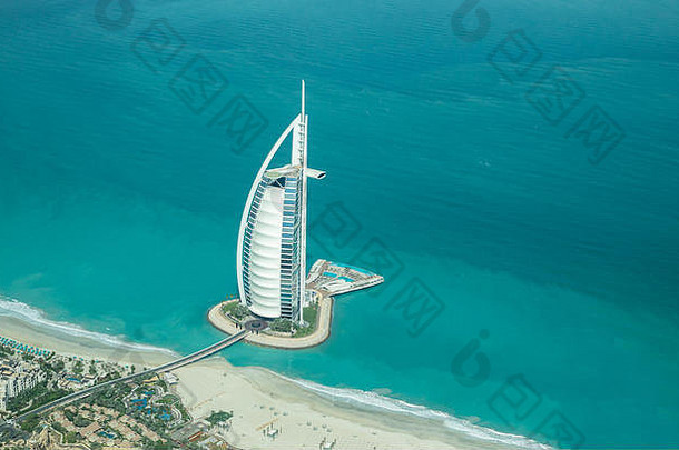 迪拜阿联酋空中视图迪拜塔阿拉伯奢侈品酒店海岸波斯海湾清晰的阳光明媚的一天