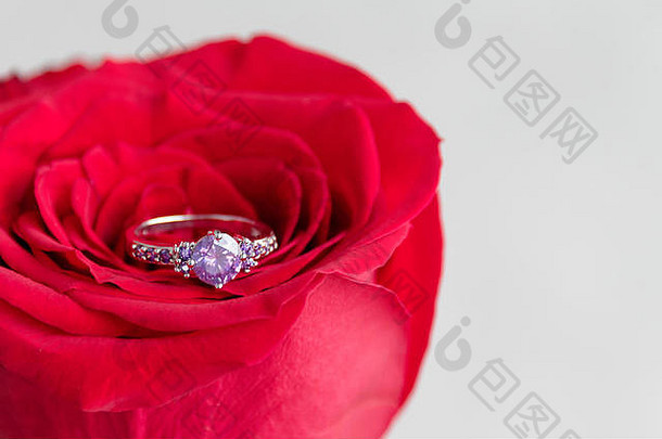 闪闪发光的订婚环内部红色的玫瑰浪漫的礼物情人节一天婚姻建议概念
