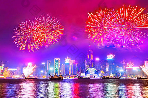 烟花显示year钬檚夏娃维多利亚港在香港香港