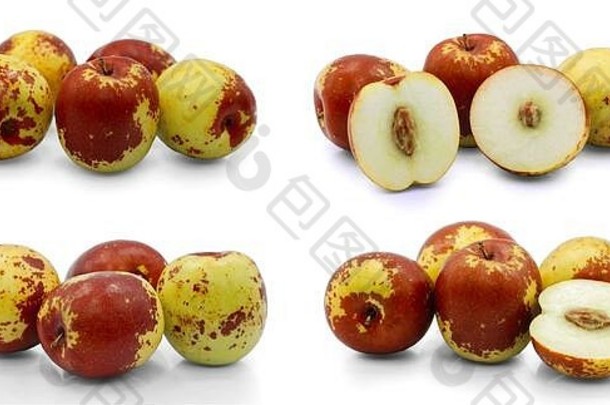 集枣猴子苹果水果孤立的白色背景