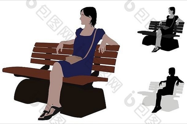 现实的平彩色的插图休闲女人坐着板凳上公园