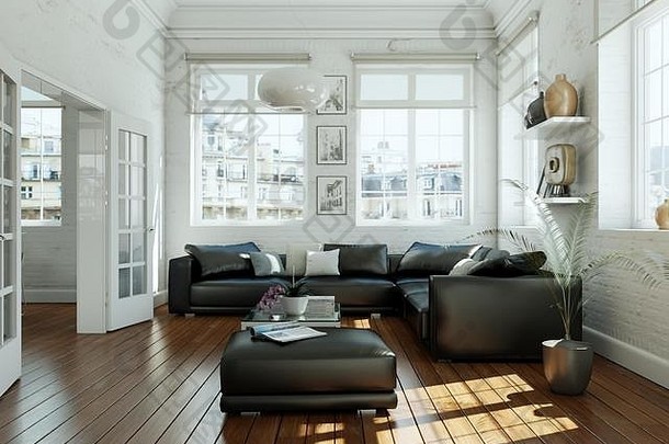 现代斯堪的纳维亚室内设计生活房间黑色的皮革沙发上