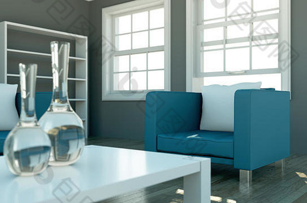 现代明亮的生活房间室内设计沙发