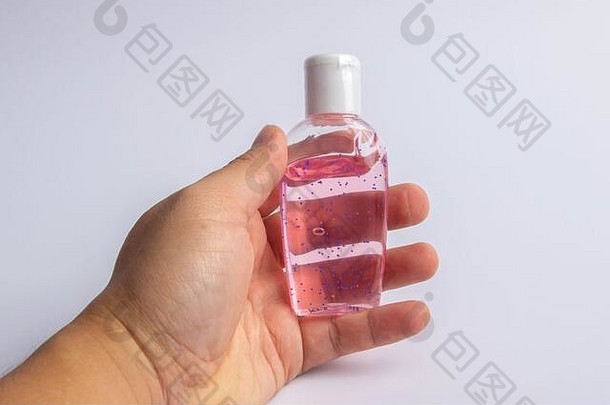 冠状病毒手洗手液过来这里洗手流感病毒预防酒精基于抗菌消毒液产品白色背景