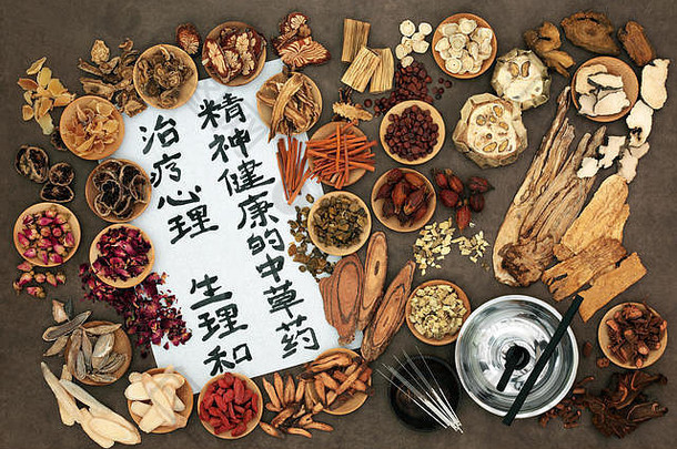 中国人Herbal医学草本植物艾绒棒艾灸治疗针灸针书法脚本大米纸