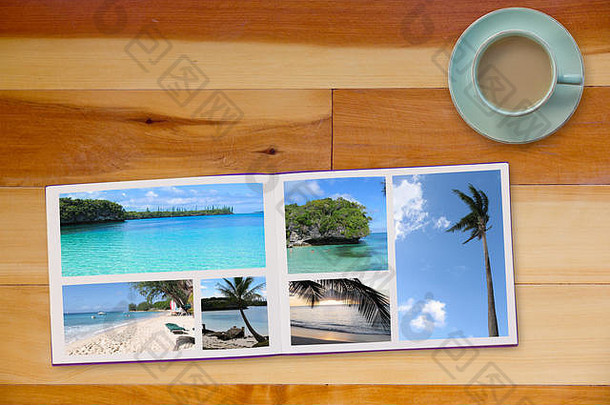 相册,专辑木地板上表格旅行照片海滩咖啡茶杯