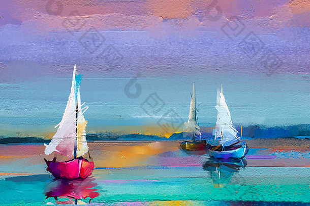 色彩斑斓的石油绘画帆布纹理印象主义图像海景绘画阳光背景现代艺术石油绘画船帆