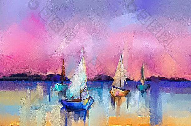 色彩斑斓的石油绘画帆布纹理印象主义图像海景绘画阳光背景现代艺术石油绘画船帆