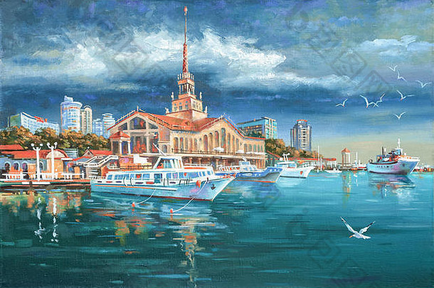 风景如画的绘画石油帆布平静海港索契作者尼科sivenkov