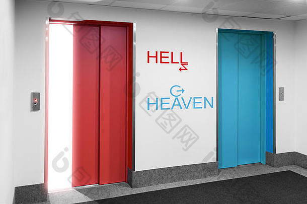 前面视图现代电梯开放关闭门天堂地狱箭头