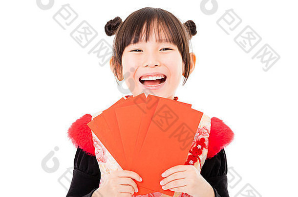 快乐中国人一年女孩显示红色的信封