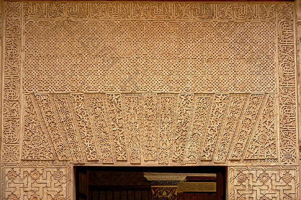 摩尔墙装饰模式有机形状书法通过纳斯里德宫部分Alhambra复杂的格拉纳达安达卢西亚