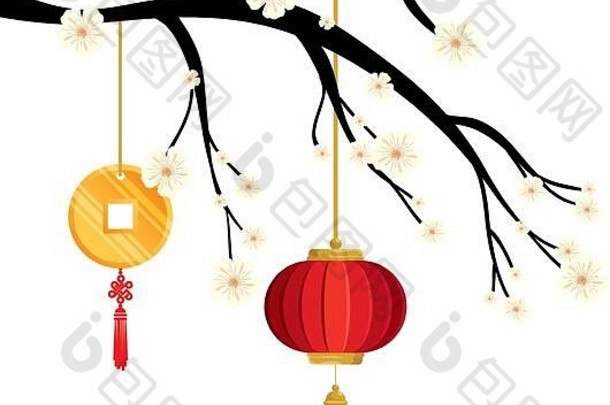 树分支灯笼装饰中国人挂