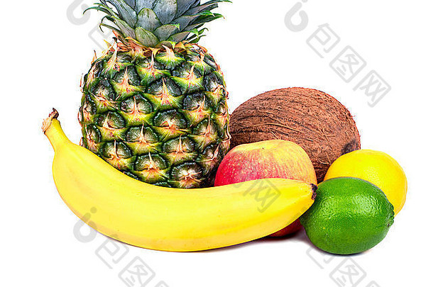 热带水果香蕉菠萝椰子柠檬石灰白色背景