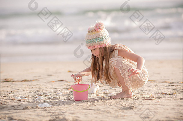 女孩收集贝壳海滩加州美国