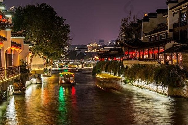 晚上视图老家河历史建筑河岸fuzimiao孔子寺庙南京中国