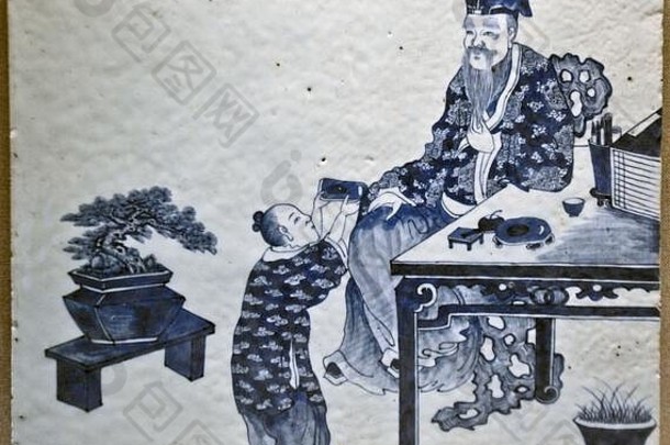 蓝色的白色陶瓷瓷砖小雕像设计武汉博物馆中国