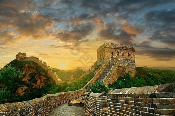 日落伟大的墙中国金山岭