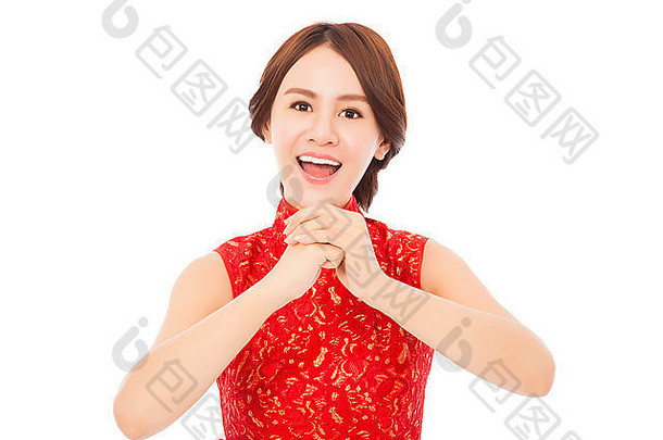 快乐中国人一年美丽<strong>的</strong>亚洲女人祝贺手势