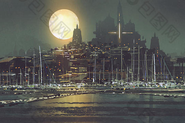 晚上风景港口城市月亮光数字艺术风格插图绘画