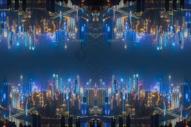摩天大楼建筑上行反射《盗梦空间》未来主义的概念城市城市晚上重庆中国
