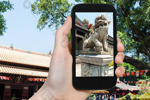 旅行概念<strong>旅游照片</strong>户外狮子雕像guangxiao佛教寺庙明亮的服从明亮的孝顺的虔诚寺庙广州城市