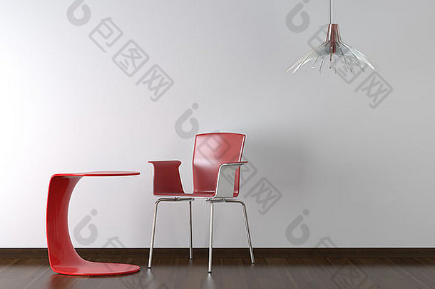 室内设计红色的椅子表格拉普姆白色墙复制空间