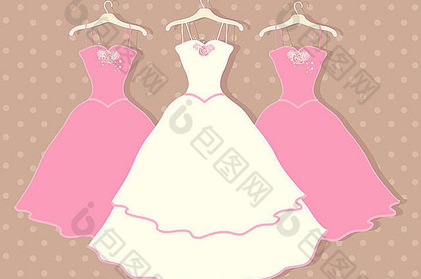 插图婚礼衣服悬挂器粉红色的伴娘礼服棕色（的）参差不齐的背景