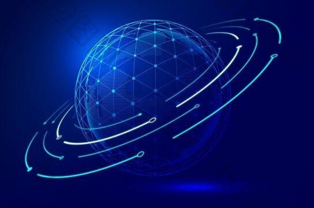 虚线行链接多边形空心球像素全球构成互联网技术背景