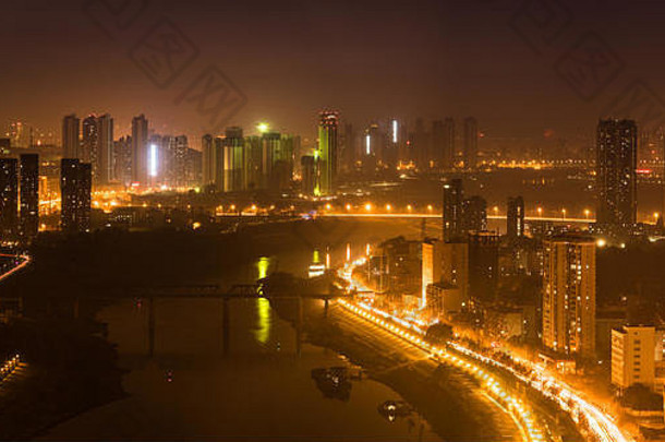 空中晚上视图全景他河汉口汉阳区武汉中央中国