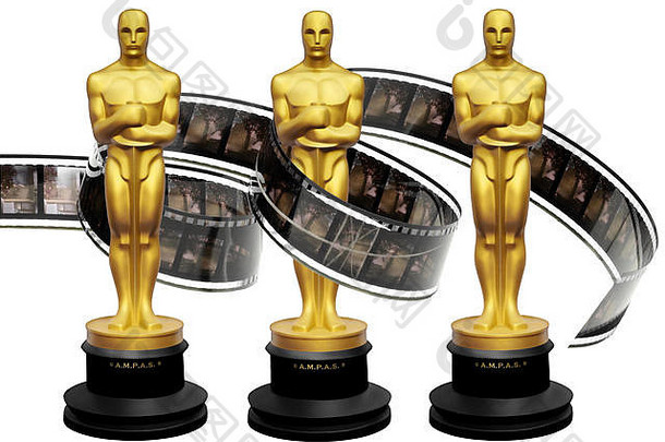 奥斯卡奖奖电影电影卷曲包装金雕像渲染孤立的白色背景