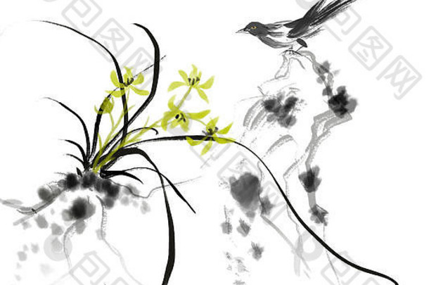 喜鹊石头兰花中国人墨水绘画