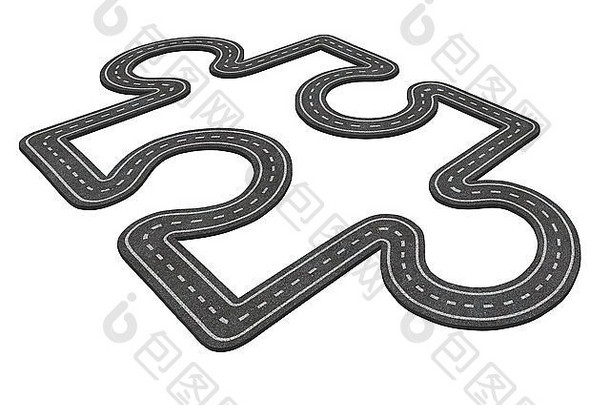 谜题路概念运输象征业务图标经济发展沥青高速公路形状的拼图一块孤立的白色背景