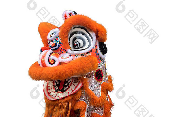 中国人狮子跳舞服装关闭孤立的白色背景写作快乐中国人一年